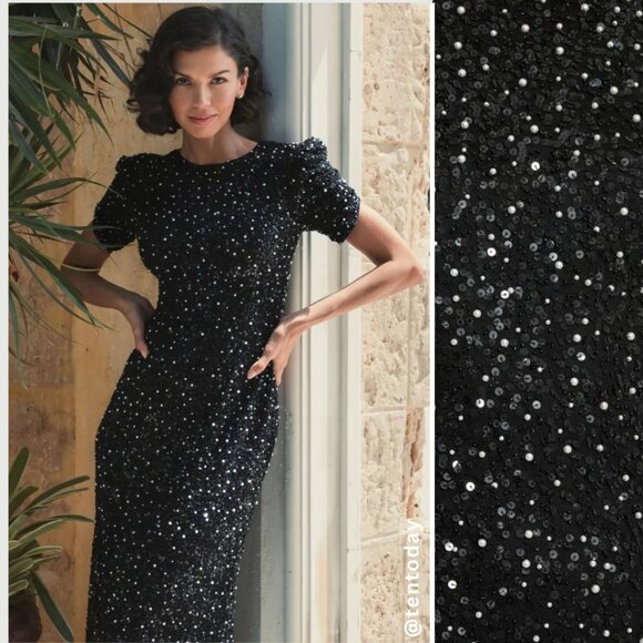 Mac Duggal 24003 Size 16 Black Pearl Gathered Short Sleeve Long Maxi Gown Dress - Picture 1 of 7